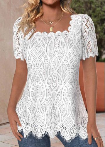 White Lace Short Sleeve Square Neck T Shirt - unsigned - Modalova