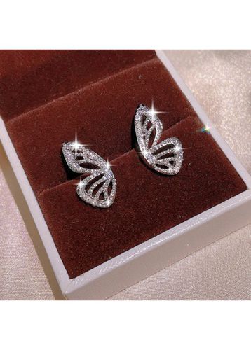 Silvery White Rhinestone Butterfly Copper Earrings - unsigned - Modalova