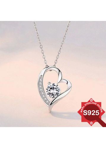 Rhinestone Silvery White Heart 925 Silver Necklace - unsigned - Modalova