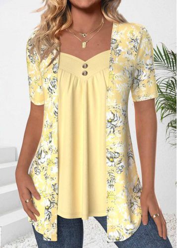 Light Yellow Fake 2in1 Floral Print T Shirt - unsigned - Modalova