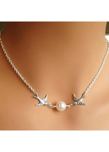 Silvery White Birds Pearl Alloy Necklace - unsigned - Modalova