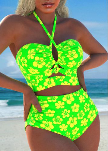 Drawstring Floral Print Neon Green Bikini Set - unsigned - Modalova