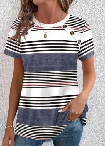 Dusty Blue Button Plus Size Striped T Shirt - unsigned - Modalova