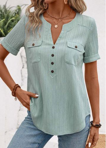 Mint Green Patchwork Short Sleeve Split Neck Shirt - unsigned - Modalova