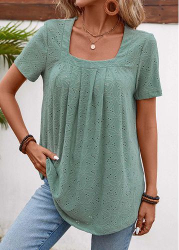 Sage Green Pleated Short Sleeve Square Neck T Shirt - unsigned - Modalova