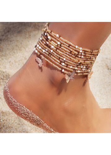 Gold Butterfly Polyresin Layered Beaded Anklets - unsigned - Modalova