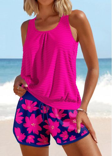 Patchwork Floral Print Hot Pink Tankini Set - unsigned - Modalova