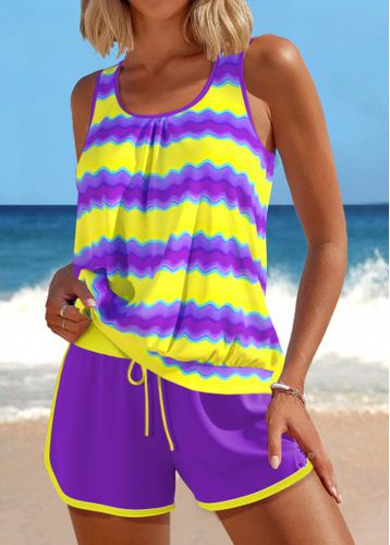 Patchwork Wave Pattern Print Purple Tankini Set - unsigned - Modalova