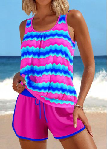 Patchwork Wave Pattern Print Hot Pink Tankini Set - unsigned - Modalova