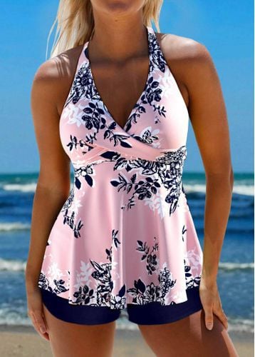 Criss Cross Floral Print Pink Tankini Top - unsigned - Modalova