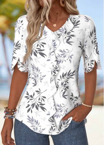 White Ruffle Leaf Print V Neck Blouse - unsigned - Modalova