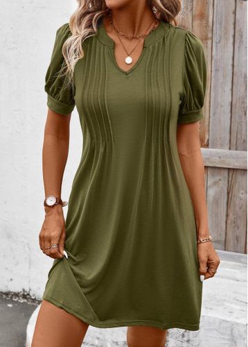 Olive Green Tuck Stitch Short Split Neck Dress - unsigned - Modalova