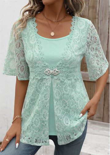 Mint Green Lace Half Sleeve Round Neck Shirt - unsigned - Modalova