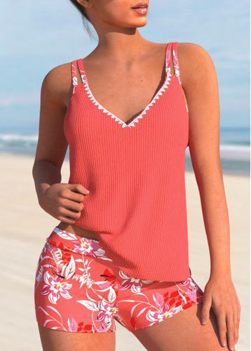 Contrast Binding Floral Print Coral Tankini Set - unsigned - Modalova