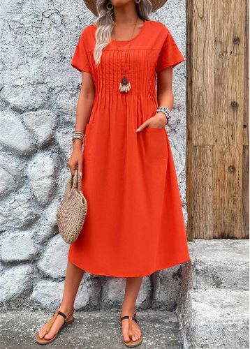 Neon Red Pleated Short Sleeve Round Neck Dress - unsigned - Modalova