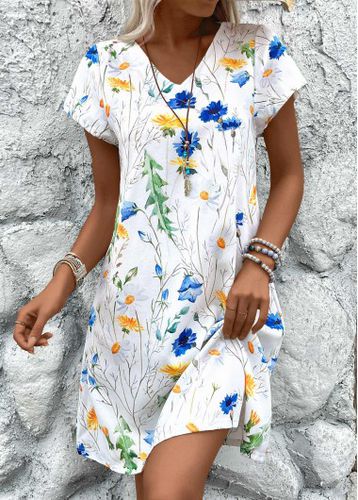 White Lightweight Floral Print A Line Short Sleeve Dress - unsigned - Modalova