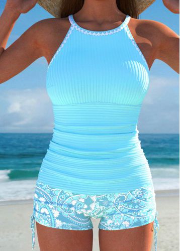 Contrast Binding Paisley Print Cyan Tankini Set - unsigned - Modalova