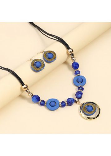 Dark Blue Round Earrings and Necklace - unsigned - Modalova