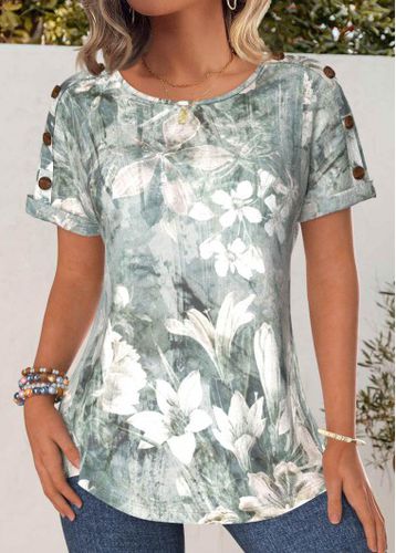 Sage Green Button Floral Print Short Sleeve T Shirt - unsigned - Modalova