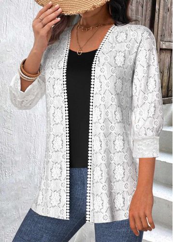 Plus Size White Patchwork 3/4 Sleeve Round Neck Cardigan - unsigned - Modalova