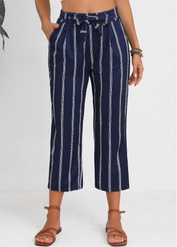 Navy Bowknot Striped Belted Elastic Waist High Waisted Pants - unsigned - Modalova