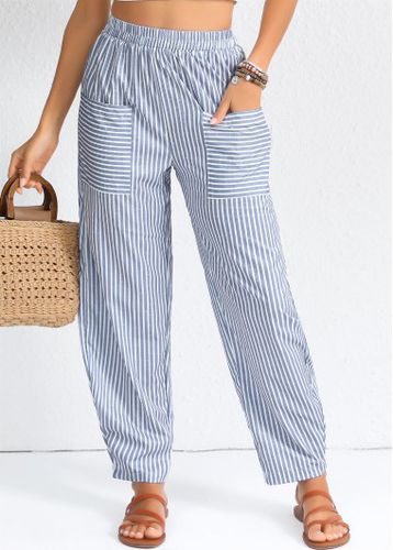 Dusty Blue Patchwork Striped Elastic Waist High Waisted Pants - unsigned - Modalova