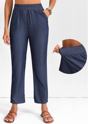 Navy Smocked Elastic Waist High Waisted Pants - unsigned - Modalova