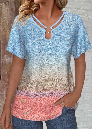 Blue Patchwork Ombre Short Sleeve T Shirt - unsigned - Modalova