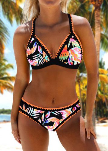 Criss Cross Leaf Print Black Bikini Set - unsigned - Modalova