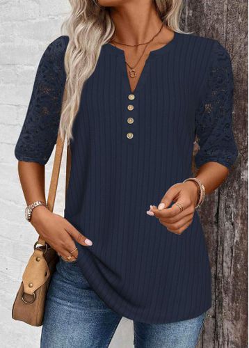 Navy Lace Half Sleeve Split Neck T Shirt - unsigned - Modalova