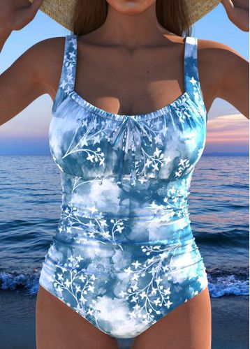 Bowknot Floral Print Dusty Blue One Piece Swimwear - unsigned - Modalova