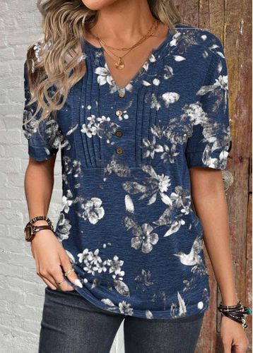 Dark Blue Button Floral Print Short Sleeve T Shirt - unsigned - Modalova