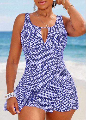 Cut Out Geometric Print Royal Blue One Piece Swimdress - unsigned - Modalova