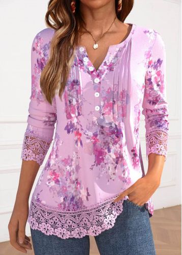 Light Pink Lace Floral Print Long Sleeve T Shirt - unsigned - Modalova