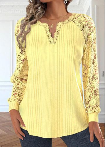 Yellow Embroidery Long Sleeve Split Neck T Shirt - unsigned - Modalova