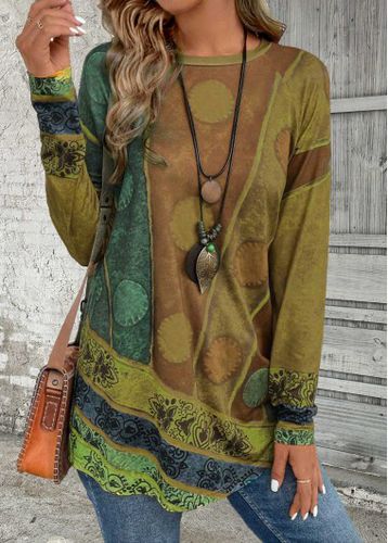 Green Geometric Print Long Sleeve Round Neck T Shirt - unsigned - Modalova