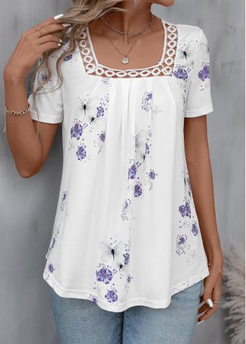 White Pleated Floral Print Short Sleeve T Shirt - unsigned - Modalova