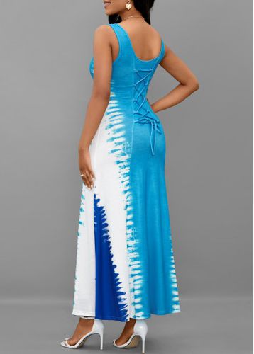 Light Blue Lace Up Tie Dye Print Maxi Dress - unsigned - Modalova