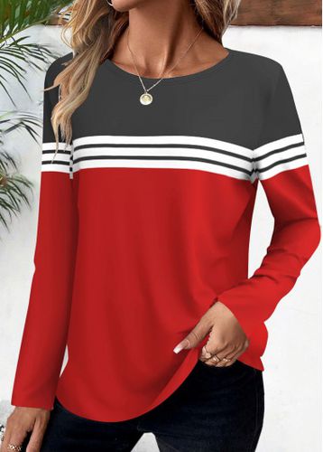 Red Striped Long Sleeve Round Neck T Shirt - unsigned - Modalova