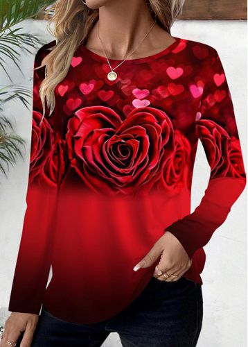 Red Floral Print Long Sleeve T Shirt - unsigned - Modalova