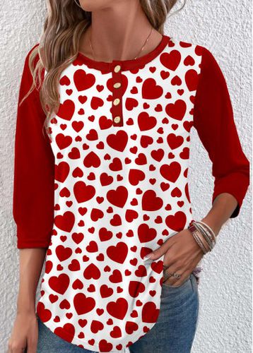 Wine Red Button Heart Print T Shirt - unsigned - Modalova