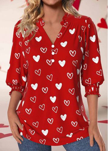Valentine's Day Red Smocked 3/4 Sleeve Split Neck Blouse - unsigned - Modalova