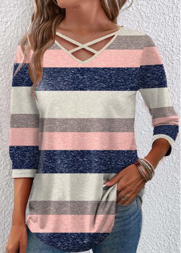 Multi Color Criss Cross Striped 3/4 Sleeve T Shirt - unsigned - Modalova