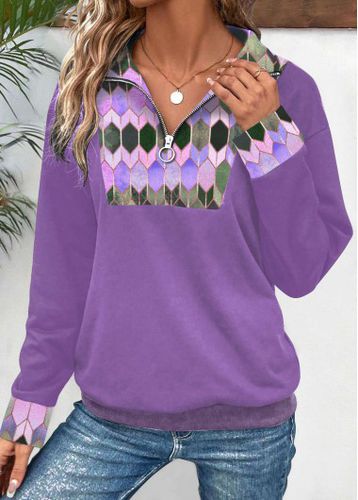 Purple Patchwork Geometric Print Long Sleeve Sweatshirt - unsigned - Modalova