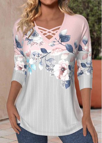 Light Pink Criss Cross Floral Print T Shirt - unsigned - Modalova