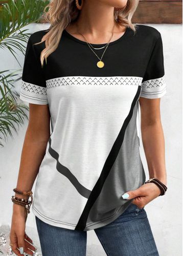 Black Patchwork Geometric Print Short Sleeve T Shirt - unsigned - Modalova