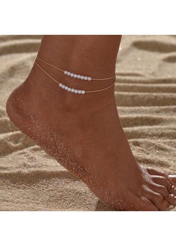 Gold Beaded Alloy Layered Pearl Anklet - unsigned - Modalova