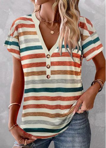 Multi Color Button Striped Short Sleeve T Shirt - unsigned - Modalova