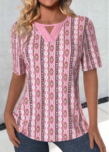 Pink Cut Out Tribal Print Short Sleeve T Shirt - unsigned - Modalova