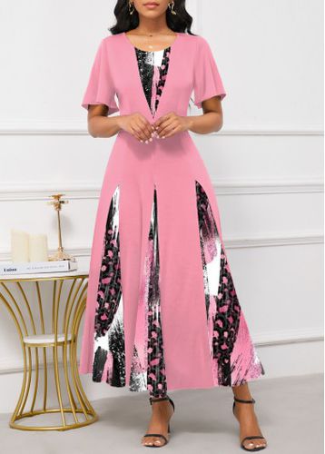 Pink Patchwork Graffiti Print Maxi Short Sleeve Dress - unsigned - Modalova